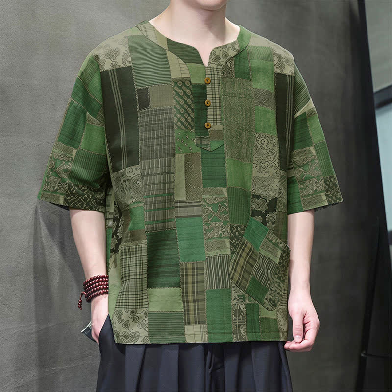 Buddha Stones Summer Casual Boho Patchwork Plaid Design Men's Short Sleeve Shirts With Patch Pocket - image 2