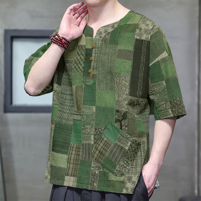 Buddha Stones Summer Casual Boho Patchwork Plaid Design Men's Short Sleeve Shirts With Patch Pocket - image 1