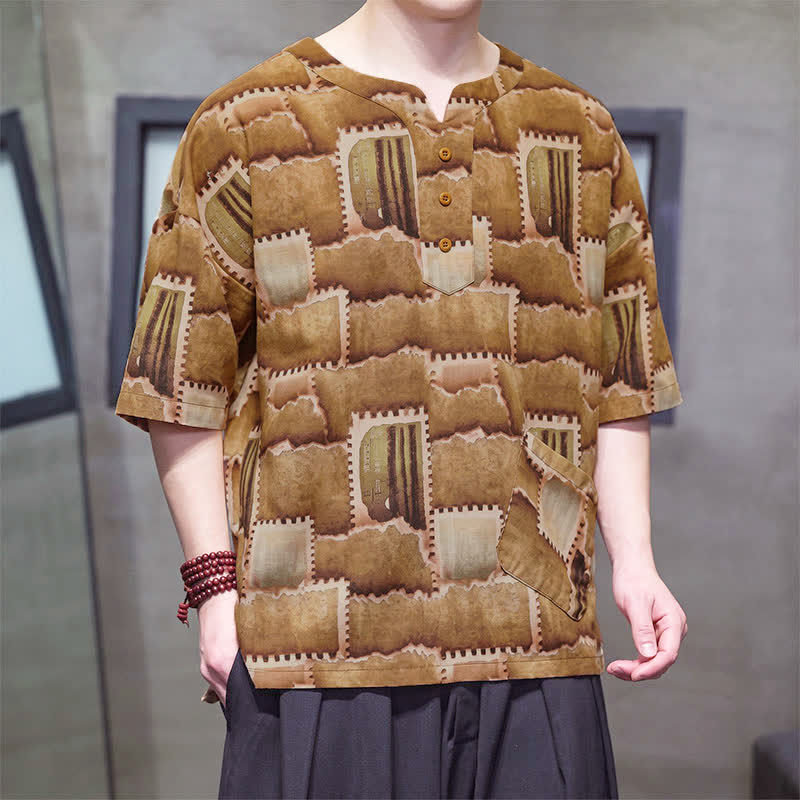Buddha Stones Summer Casual Boho Patchwork Plaid Design Men's Short Sleeve Shirts With Patch Pocket - image 15