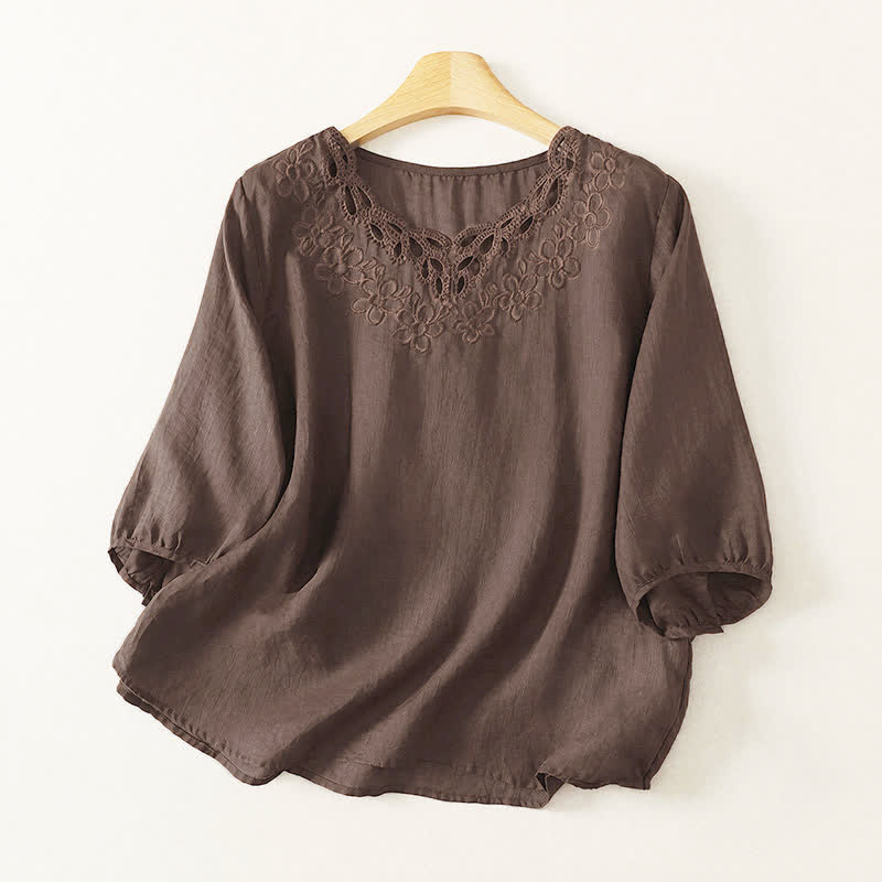 Buddha Stones Spring Summer Casual Vintage Crew Neck Embroidery Solid Women's Three-Quarter Sleeve T-Shirt - SaddleBrown - US12, UK/AU16, EU44 (2XL) - image 0