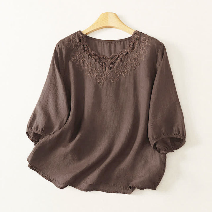 Buddha Stones Spring Summer Casual Vintage Crew Neck Embroidery Solid Women's Three-Quarter Sleeve T-Shirt - SaddleBrown - US12, UK/AU16, EU44 (2XL) - image 0