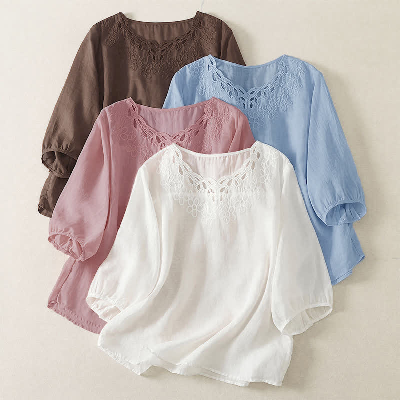 Buddha Stones Spring Summer Casual Vintage Crew Neck Embroidery Solid Women's Three-Quarter Sleeve T-Shirt - image 23