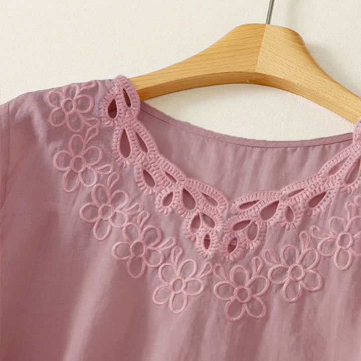 Buddha Stones Spring Summer Casual Vintage Crew Neck Embroidery Solid Women's Three-Quarter Sleeve T-Shirt - image 11