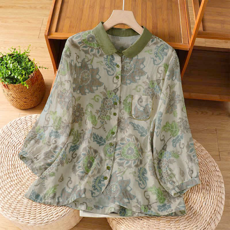 Buddha Stones Spring Summer Casual Vintage Button-Up Floral Women's Long Sleeve Shirts With Pocket - DarkSeaGreen - US8-10, UK/AU12-14, EU40-42 (2XL) - image 0