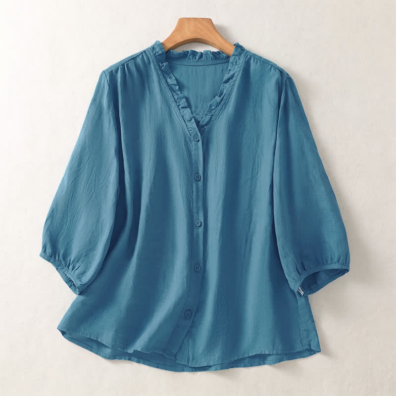 Buddha Stones Spring Summer Casual Button-Up Solid Women's Short Sleeve Shirts - MediumTurquoise - US8-10, UK/AU12-14, EU40-42 (2XL) - image 13
