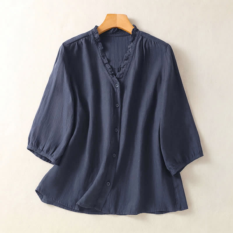 Buddha Stones Spring Summer Casual Button-Up Solid Women's Short Sleeve Shirts - Navy - US8-10, UK/AU12-14, EU40-42 (2XL) - image 20