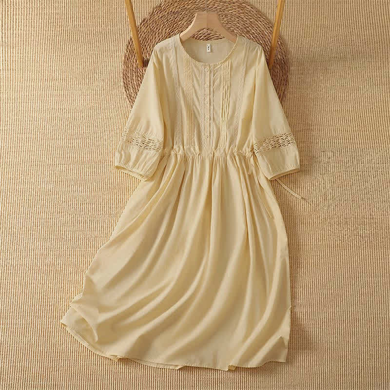 Buddha Stones 2Pcs Summer Casual Boho Solid Crew Neck Women's Elbow-Length Sleeve Dress With Pocket - PaleGoldenRod - US12, UK/AU16, EU44 (2XL) - image 0