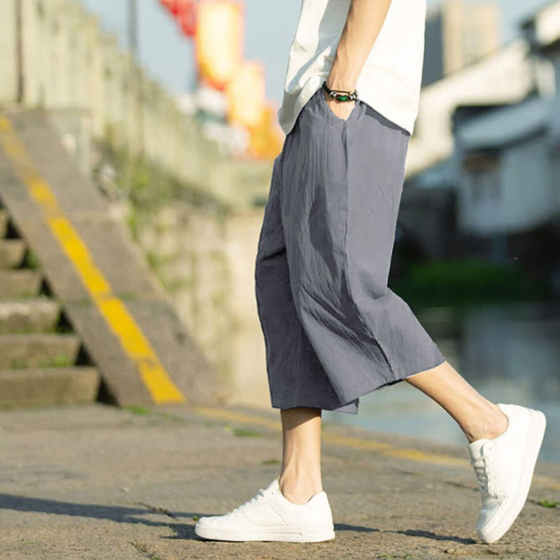 Buddha Stones Summer Plain Pleat Design Drawstring Men's 7-8 Length Pants With Pockets - image 1