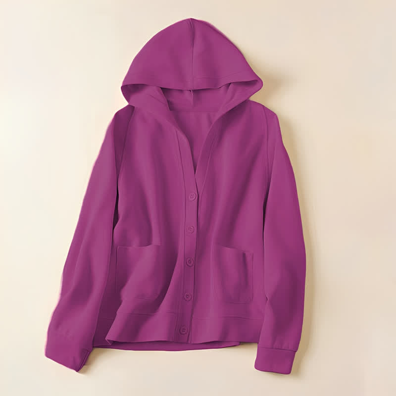 Buddha Stones Plain Buttons Women's Hooded Jacket With Pockets - MediumVioletRed - US8-10，UK/AU12-14，EU40-42 (2XL) - image 21