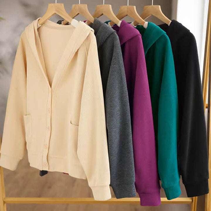 Buddha Stones Plain Buttons Women's Hooded Jacket With Pockets - image 32