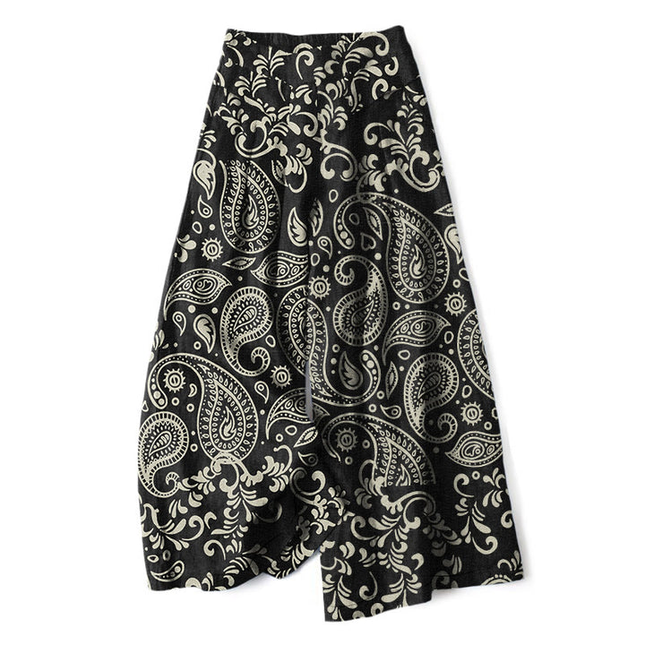 Buddha Stones Cotton Linen Vintage Paisley Pattern Women's Elastic Waist Wide Leg Pants With Pockets - Black - US16，UK/AU20，EU48 (3XL) - image 0
