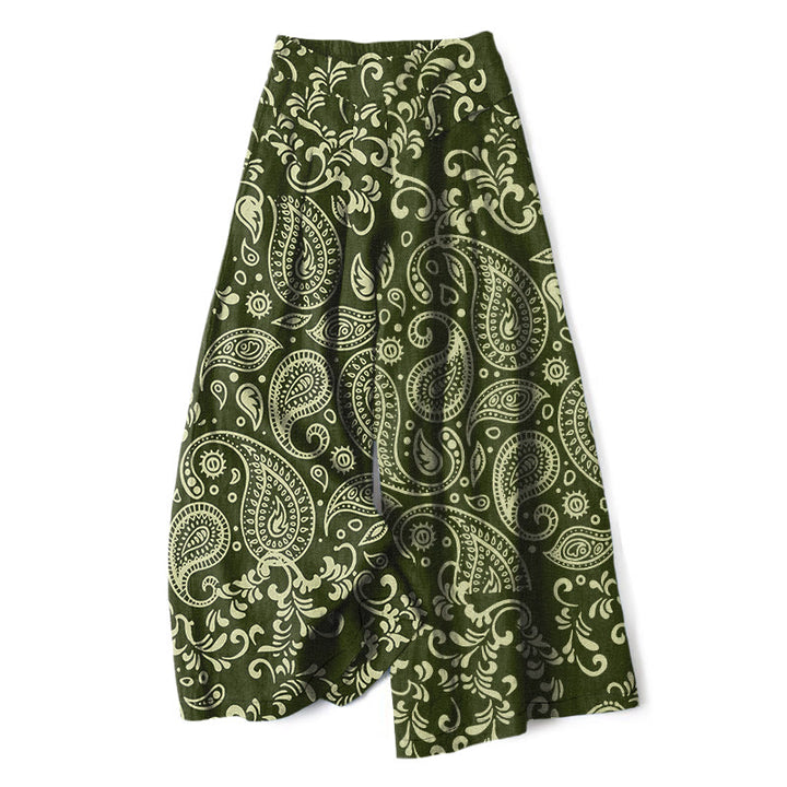 Buddha Stones Cotton Linen Vintage Paisley Pattern Women's Elastic Waist Wide Leg Pants With Pockets - OliveDrab - US16，UK/AU20，EU48 (3XL) - image 4