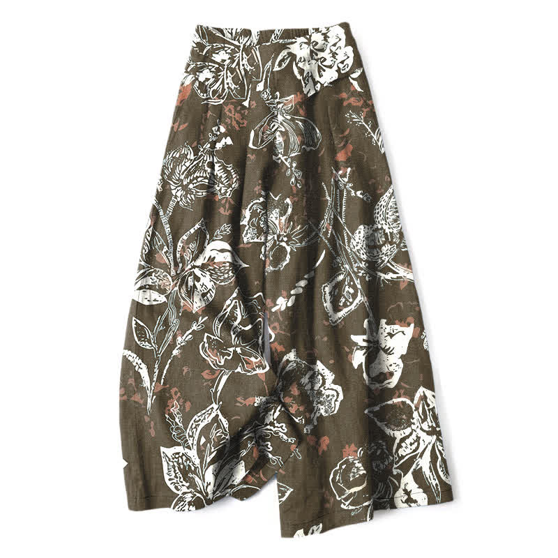 Buddha Stones Cotton Linen Vintage White Floral Pattern Women's Elastic Waist Wide Leg Pants With Pockets - Olive - US16，UK/AU20，EU48 (3XL) - image 4