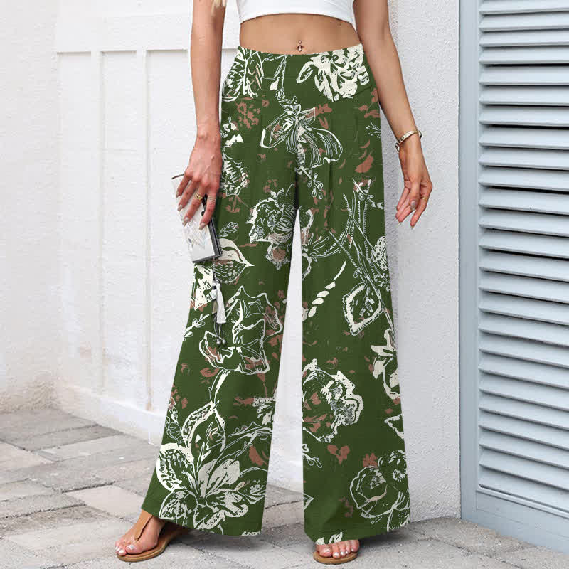 Buddha Stones Cotton Linen Vintage White Floral Pattern Women's Elastic Waist Wide Leg Pants With Pockets - image 7