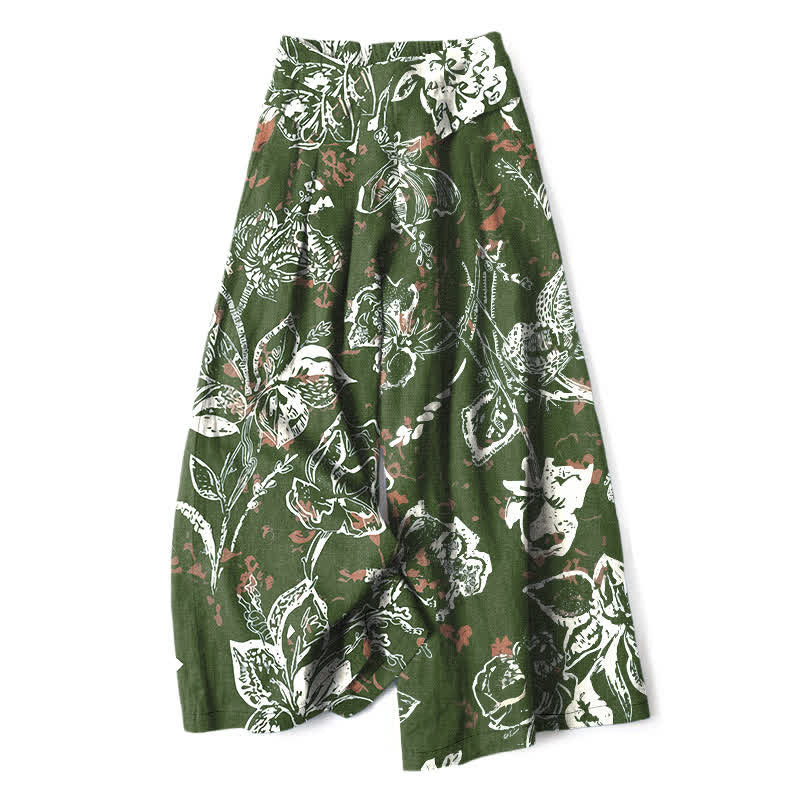 Buddha Stones Cotton Linen Vintage White Floral Pattern Women's Elastic Waist Wide Leg Pants With Pockets - OliveDrab - US16，UK/AU20，EU48 (3XL) - image 6
