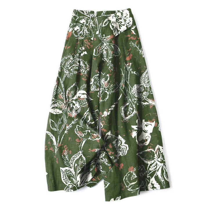 Buddha Stones Cotton Linen Vintage White Floral Pattern Women's Elastic Waist Wide Leg Pants With Pockets - OliveDrab - US16，UK/AU20，EU48 (3XL) - image 6