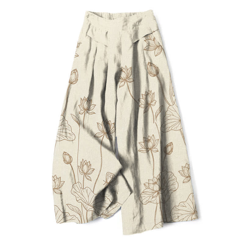 Buddha Stones Cotton Linen Vintage Lotus Line Art Pattern Women's Elastic Waist Wide Leg Pants With Pockets - Beige - US16，UK/AU20，EU48 (3XL) - image 0