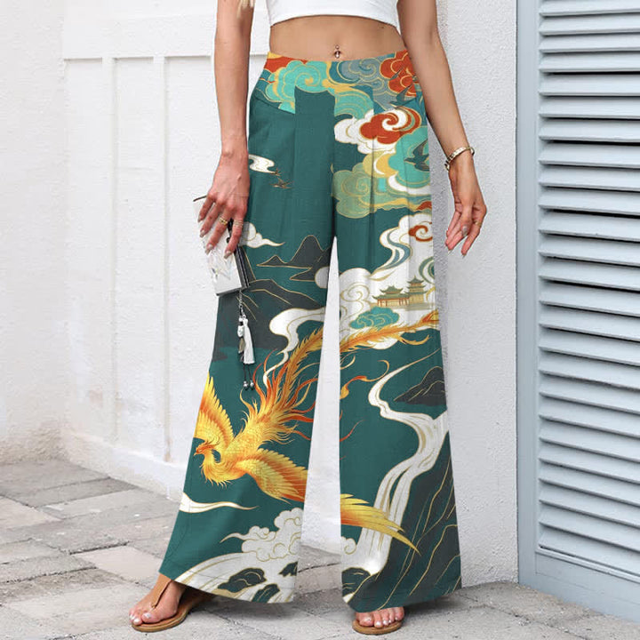 Buddha Stones Cotton Linen Phoenix Cloud Pattern Women's Elastic Waist Wide Leg Pants With Pockets - image 5