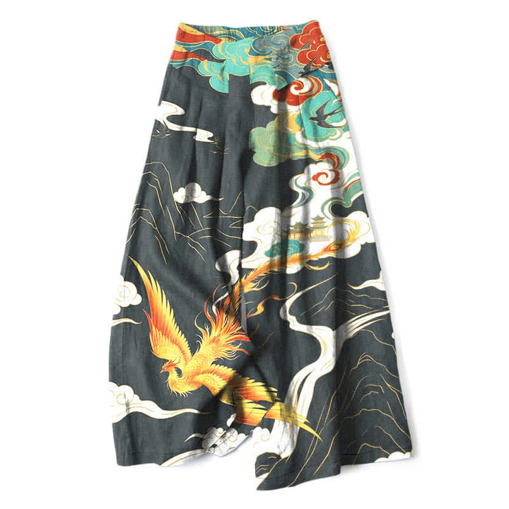 Buddha Stones Cotton Linen Phoenix Cloud Pattern Women's Elastic Waist Wide Leg Pants With Pockets - SlateGray - US16，UK/AU20，EU48 (3XL) - image 6