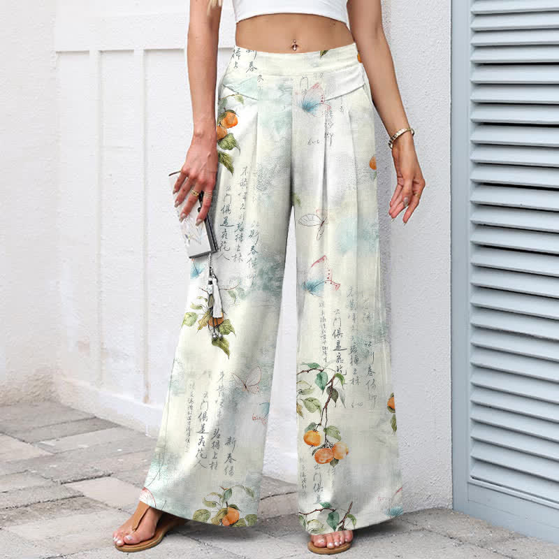 Buddha Stones Cotton Linen Vintage Citrus Garden Butterfly Pattern Women's Elastic Waist Wide Leg Pants With Pockets - image 1