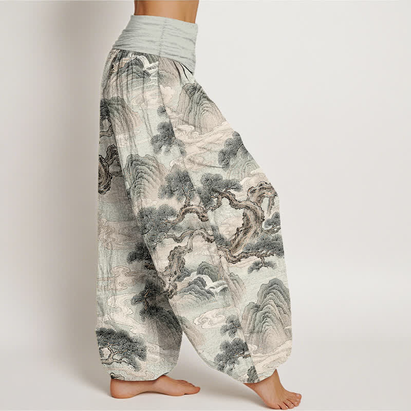 Buddha Stones Cotton Ink Wash Landscape Pattern Women's Elastic Waist Harem Pants - image 1