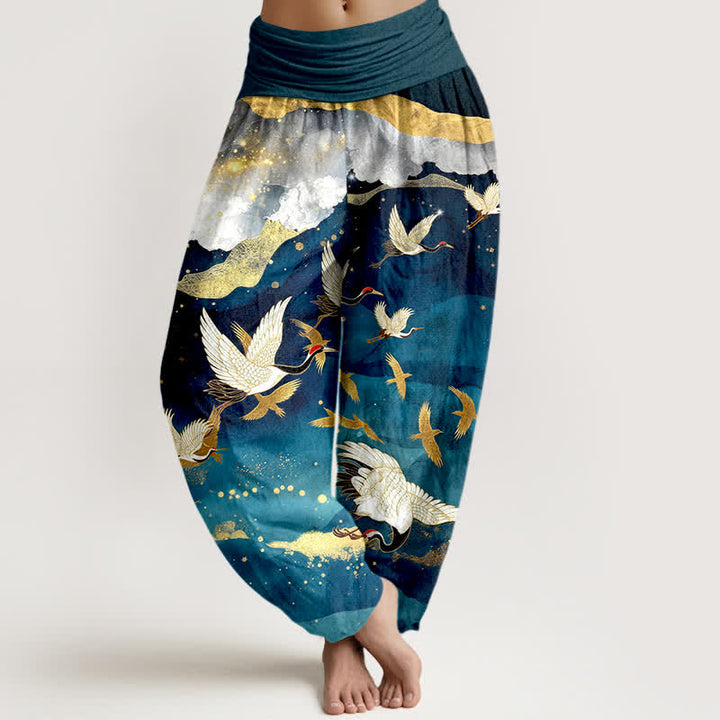 Buddha Stones Cotton Flying Crane Golden Cloud Pattern Women's Elastic Waist Harem Pants - Teal - US16，UK/AU20，EU48 (3XL) - image 0