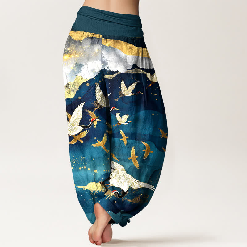 Buddha Stones Cotton Flying Crane Golden Cloud Pattern Women's Elastic Waist Harem Pants - image 2