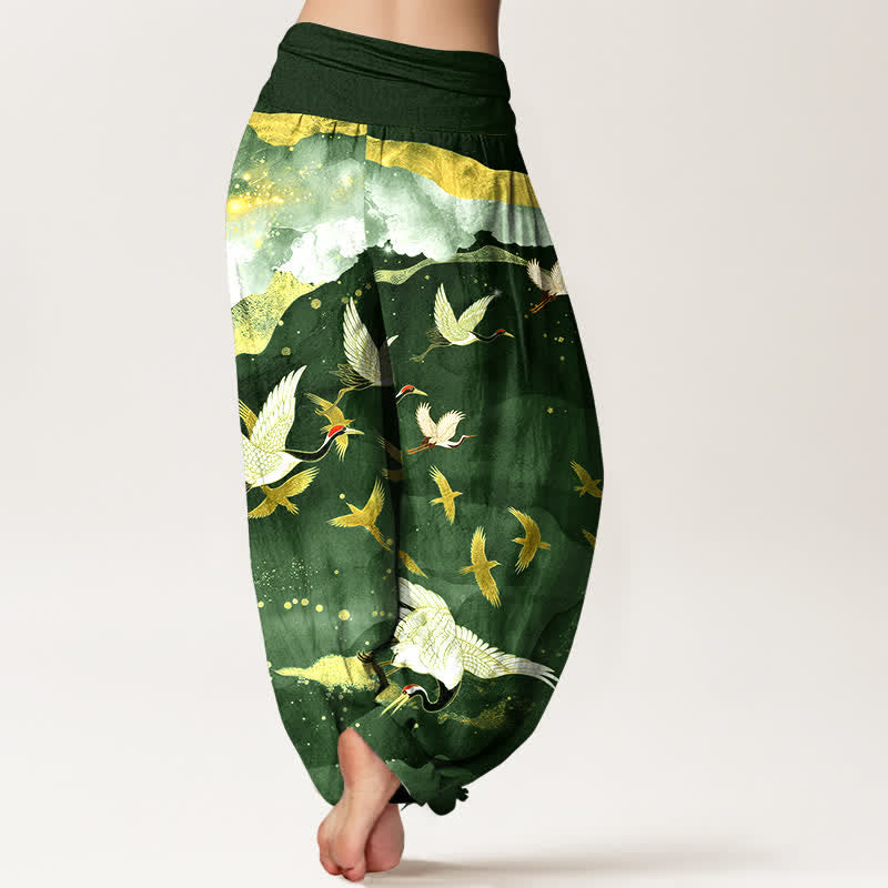 Buddha Stones Cotton Flying Crane Golden Cloud Pattern Women's Elastic Waist Harem Pants - image 7