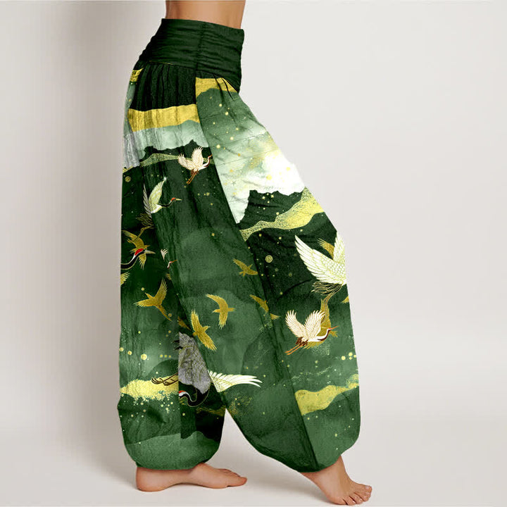 Buddha Stones Cotton Flying Crane Golden Cloud Pattern Women's Elastic Waist Harem Pants - image 6