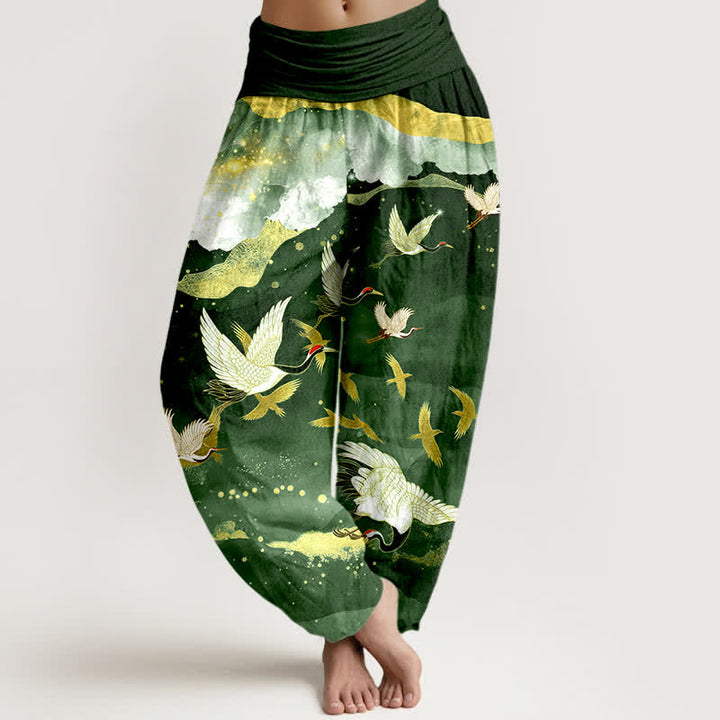 Buddha Stones Cotton Flying Crane Golden Cloud Pattern Women's Elastic Waist Harem Pants - DarkGreen - US16，UK/AU20，EU48 (3XL) - image 5