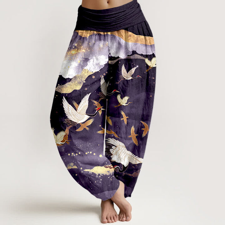 Buddha Stones Cotton Flying Crane Golden Cloud Pattern Women's Elastic Waist Harem Pants - Indigo - US16，UK/AU20，EU48 (3XL) - image 8