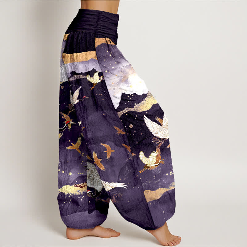 Buddha Stones Cotton Flying Crane Golden Cloud Pattern Women's Elastic Waist Harem Pants - image 9