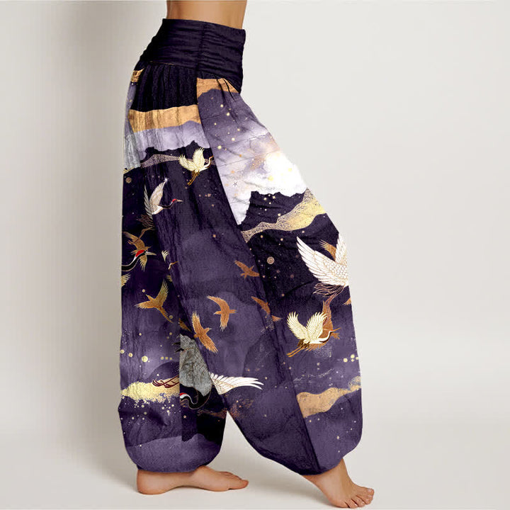 Buddha Stones Cotton Flying Crane Golden Cloud Pattern Women's Elastic Waist Harem Pants - image 9