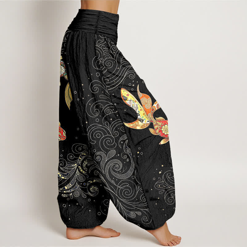 Buddha Stones Cotton Koi Fish Swirl Pattern Women's Elastic Waist Harem Pants - image 1
