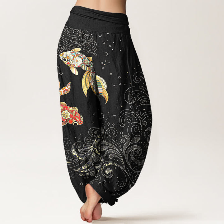 Buddha Stones Cotton Koi Fish Swirl Pattern Women's Elastic Waist Harem Pants - image 2