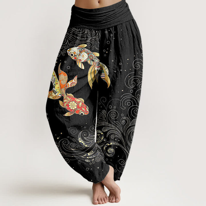 Buddha Stones Cotton Koi Fish Swirl Pattern Women's Elastic Waist Harem Pants - Black - US16，UK/AU20，EU48 (3XL) - image 0