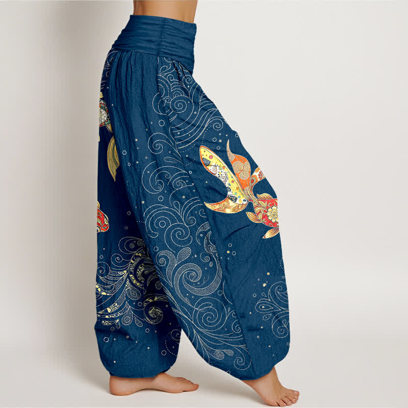 Buddha Stones Cotton Koi Fish Swirl Pattern Women's Elastic Waist Harem Pants - image 6