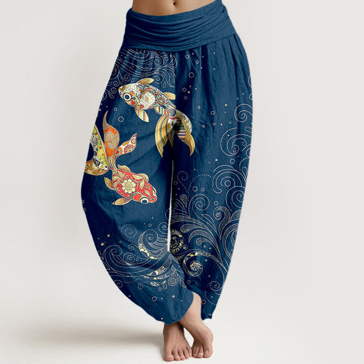 Buddha Stones Cotton Koi Fish Swirl Pattern Women's Elastic Waist Harem Pants - Navy - US16，UK/AU20，EU48 (3XL) - image 5
