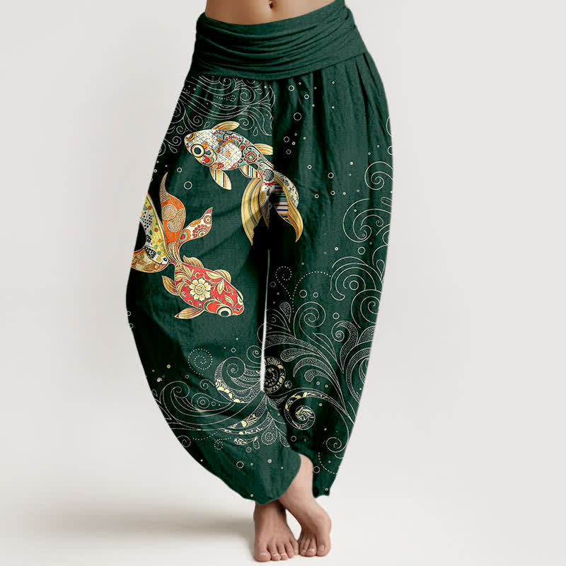 Buddha Stones Cotton Koi Fish Swirl Pattern Women's Elastic Waist Harem Pants - DarkGreen - US16，UK/AU20，EU48 (3XL) - image 8