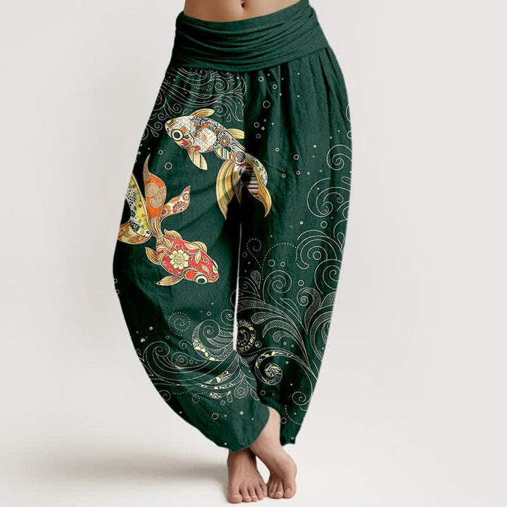 Buddha Stones Cotton Koi Fish Swirl Pattern Women's Elastic Waist Harem Pants - DarkGreen - US16，UK/AU20，EU48 (3XL) - image 8