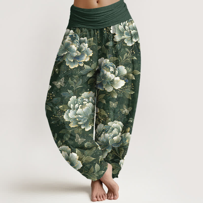 Buddha Stones Cotton Peony Butterfly Pattern Women's Elastic Waist Harem Pants - SeaGreen - US16，UK/AU20，EU48 (3XL) - image 8