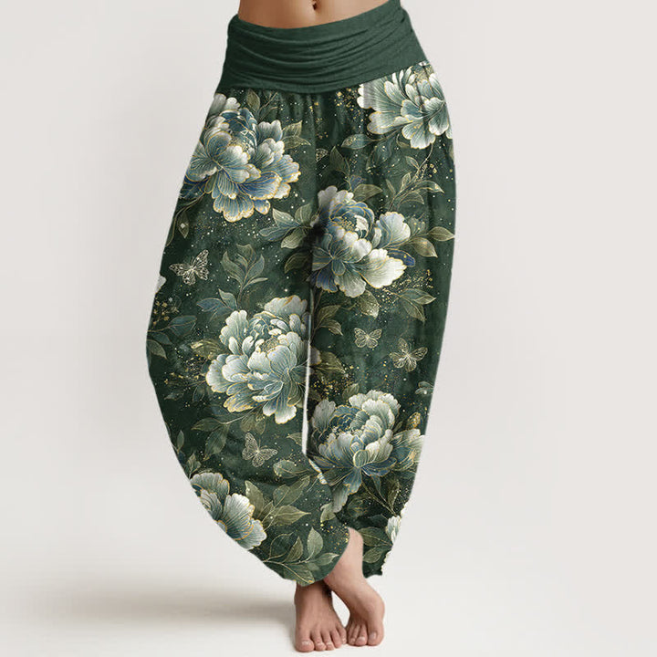 Buddha Stones Cotton Peony Butterfly Pattern Women's Elastic Waist Harem Pants - SeaGreen - US16，UK/AU20，EU48 (3XL) - image 8