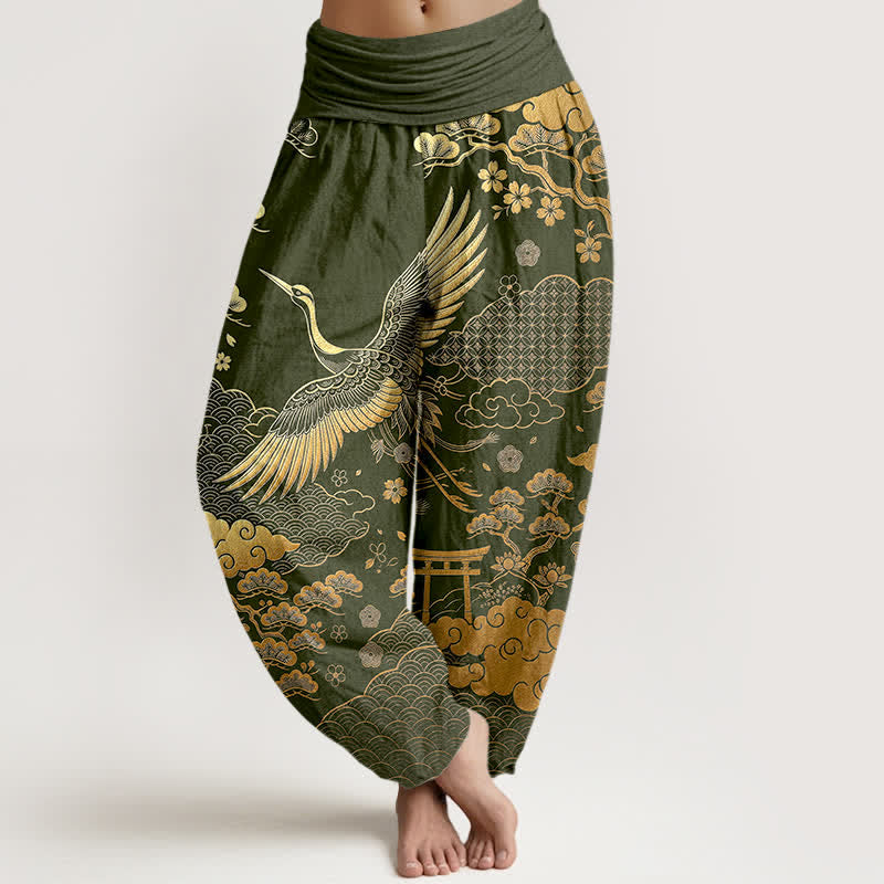 Buddha Stones Cotton Golden Crane Cloud Pattern Women's Elastic Waist Harem Pants - DarkOliveGreen - US16，UK/AU20，EU48 (3XL) - image 8