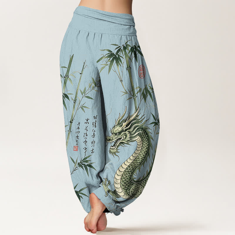 Buddha Stones Cotton Dragon Bamboo Pattern Women's Elastic Waist Harem Pants - image 7