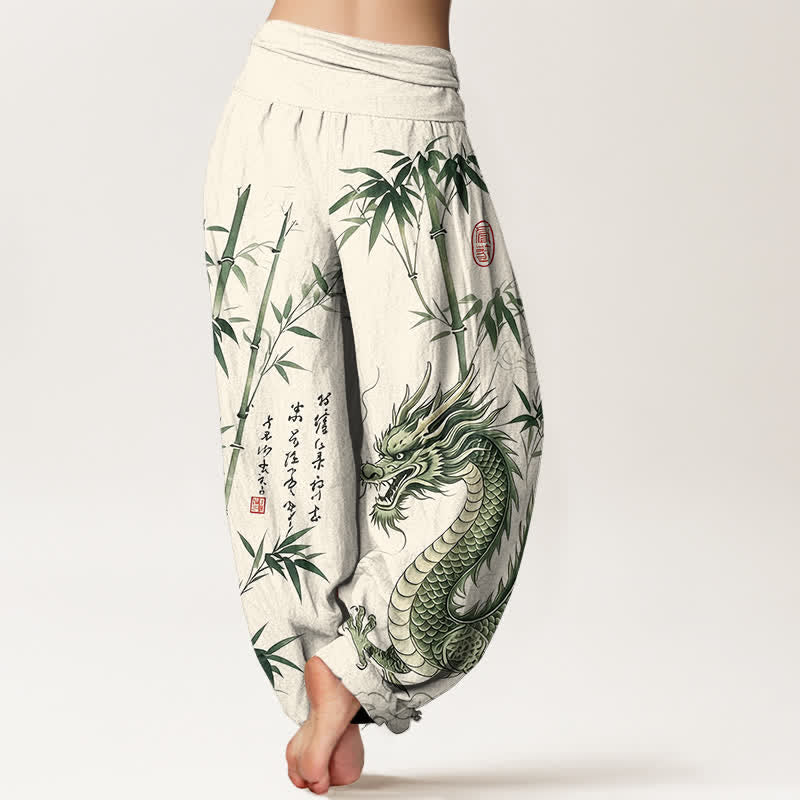 Buddha Stones Cotton Dragon Bamboo Pattern Women's Elastic Waist Harem Pants - image 10