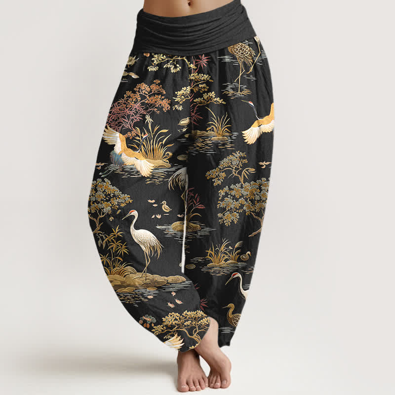 Buddha Stones Cotton Crane Reed Floral Pattern Women's Elastic Waist Harem Pants - Black - US16，UK/AU20，EU48 (3XL) - image 0
