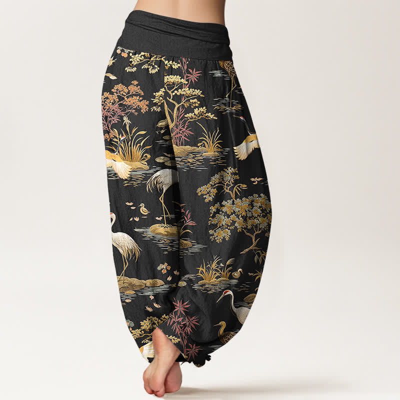 Buddha Stones Cotton Crane Reed Floral Pattern Women's Elastic Waist Harem Pants - image 2