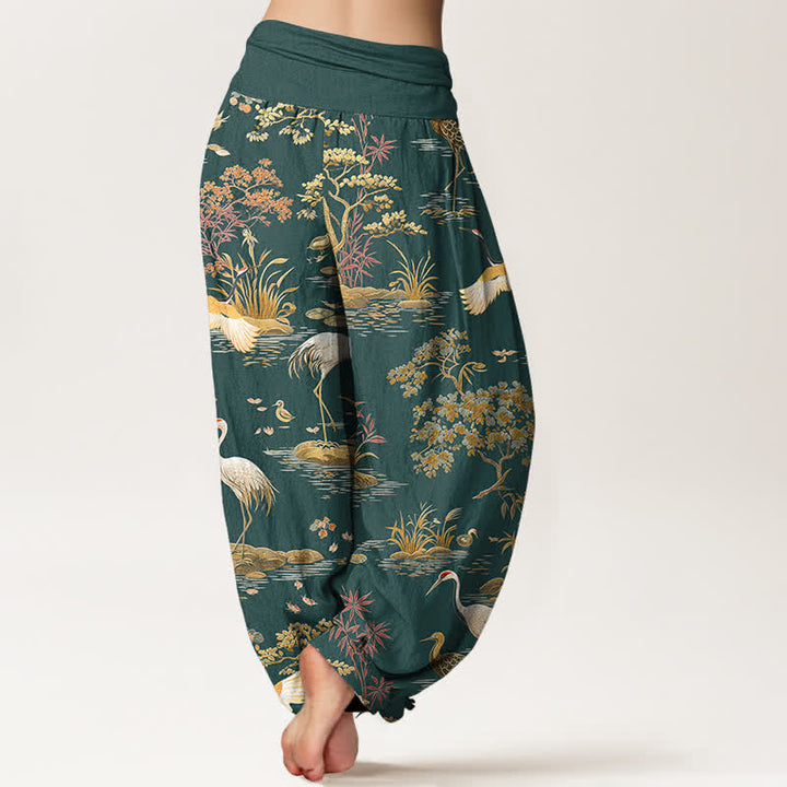 Buddha Stones Cotton Crane Reed Floral Pattern Women's Elastic Waist Harem Pants - image 7