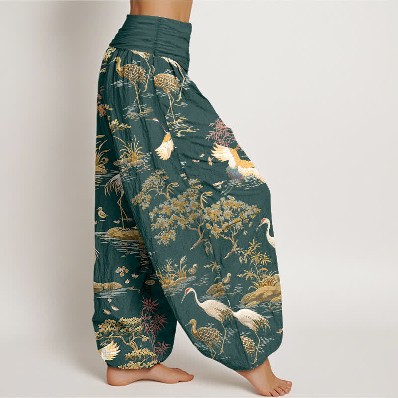 Buddha Stones Cotton Crane Reed Floral Pattern Women's Elastic Waist Harem Pants - image 6