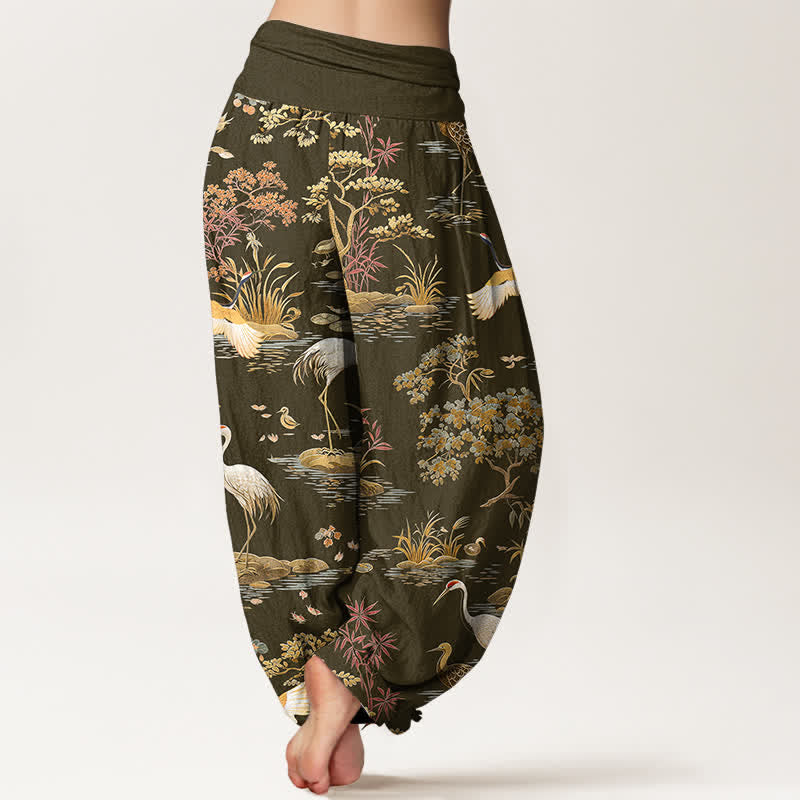 Buddha Stones Cotton Crane Reed Floral Pattern Women's Elastic Waist Harem Pants - image 10